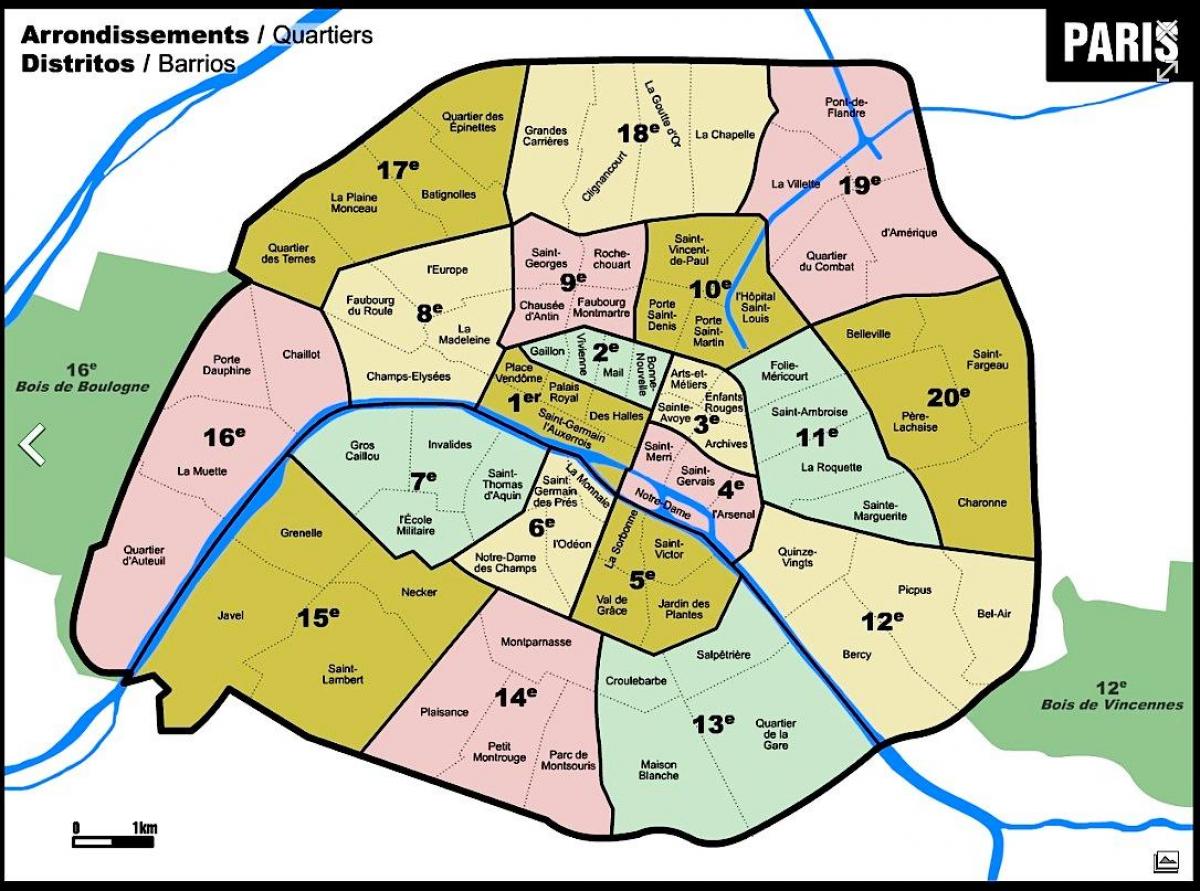 Mappa di Parigi con arrondissement aree